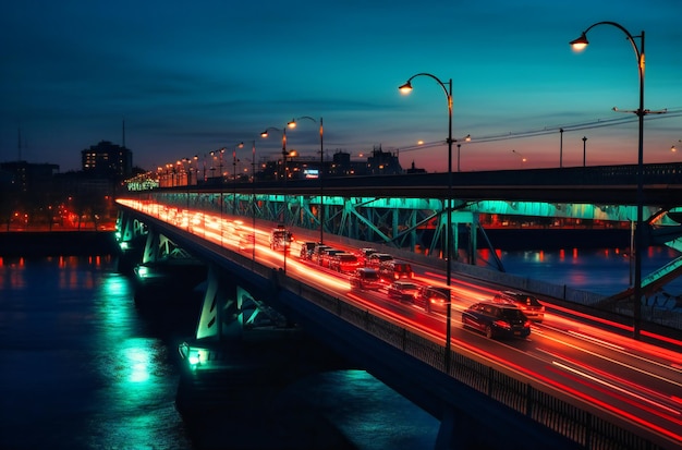 Luces de coche moviéndose al atardecer en un paisaje urbano