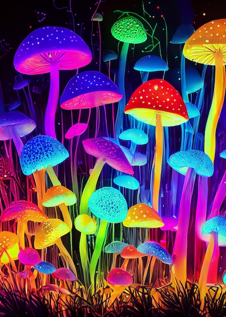 Luces de colores brillantes con setas y hongos