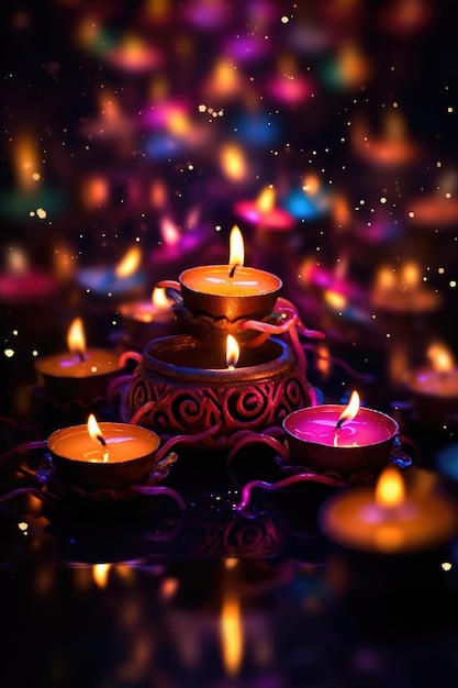 Luces coloridas de diwali sobre fondo oscuro creadas con ai generativo