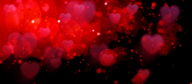 luces del corazón del bokeh de San Valentín, textura de desenfoque suave, fondo negro, amor San Valentín pared romántica