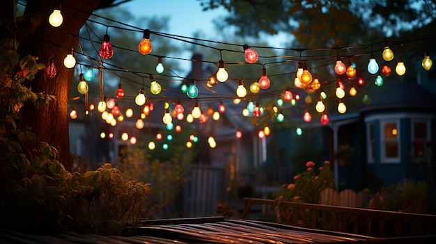 luces de cuerda de fiesta colgando en el patio trasero