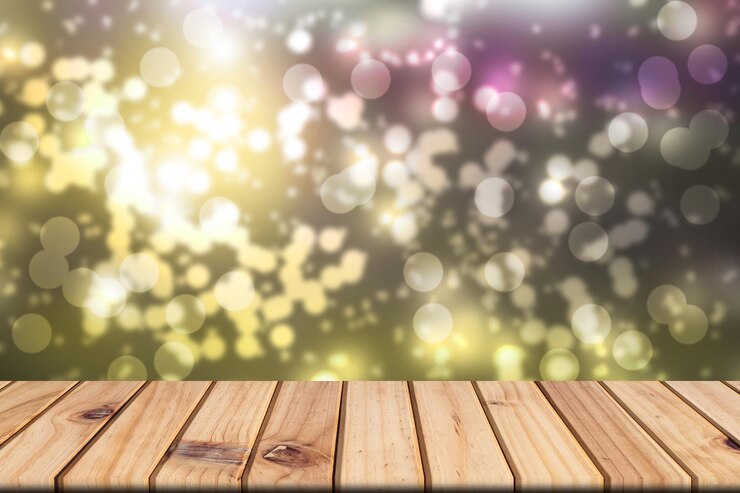 Foto luces defocused en mesa de madera