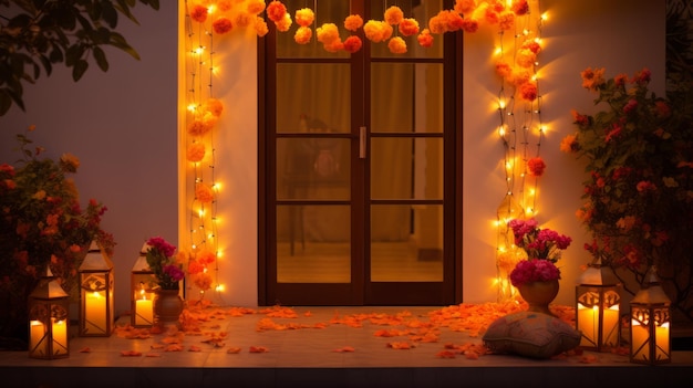 Foto las luces de diwali adornan la entrada de una casa