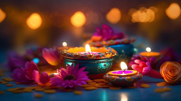 Luces de Diwali decoradas con coloridas lámparas de aceite diya y flores decorativas AI generativa