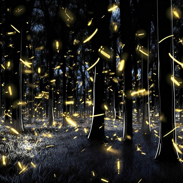 Luces doradas en el fondo de Navidad del bosque oscuro