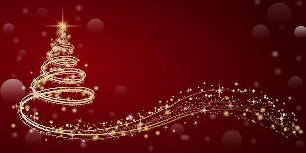 Luces doradas en forma de árbol de Navidad sobre fondo rojo. Tarjeta de felicitación de Navidad