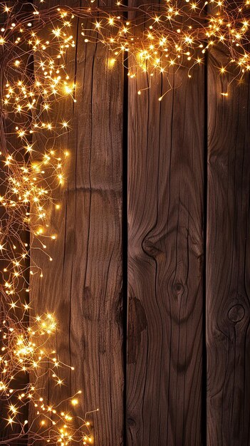 Foto luces doradas sobre un fondo de madera oscura