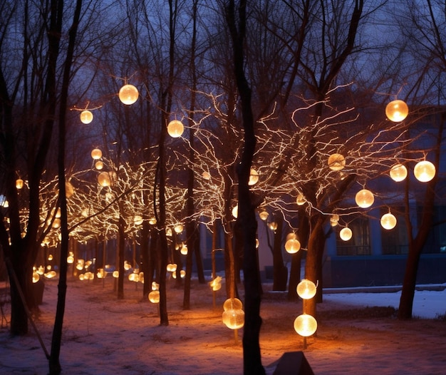 Luces eléctricas decorativas colocadas en los árboles