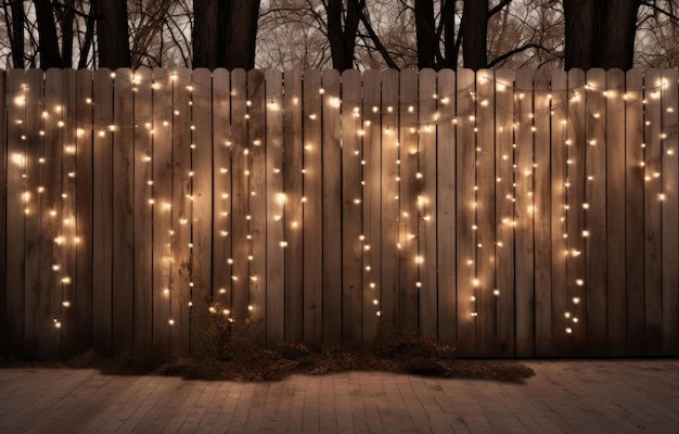 luces enlazadas detrás de una valla de madera en el bosque