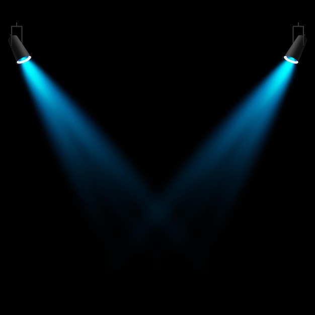 Las luces del escenario Varios proyectores en la oscuridad Los focos púrpuras golpean a través de la oscuridad