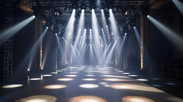 Las luces del estudio iluminando una pista de moda para un espectáculo glamuroso