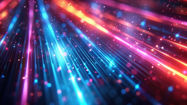Foto las luces de fibra óptica se extienden en la distancia creando una radiante exhibición de líneas de neón azules y rosas