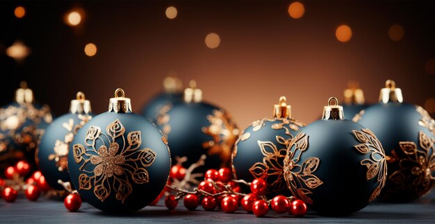 Luces de fondo panorámicas de Navidad, bolas de Año Nuevo en un fondo borroso, imagen generada por IA