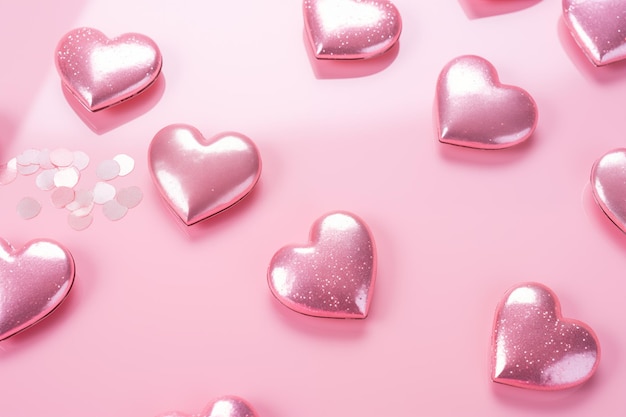 luces en forma de corazones flotando sobre un fondo rosa claro