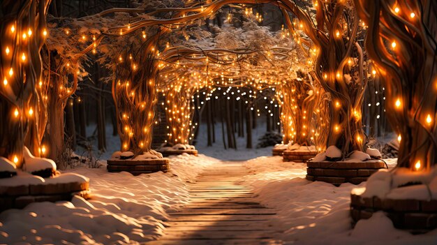 Luces de hadas brillantes drapeadas sobre ramas de abeto cubiertas de nieve