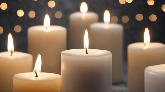 Luces de hadas iluminadas alrededor de velas blancas sobre un fondo gris