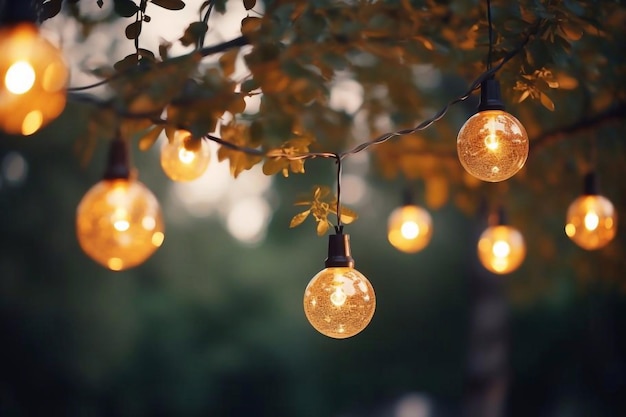 Luces de iluminación de fondo borroso en el patio trasero por la noche linternas eléctricas de jardín con redonda