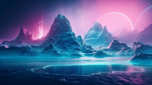 Foto luces láser de neón de color pastel en un planeta alienígena con hielo y niebla galaxia colorida en el espacio ultraterrestre