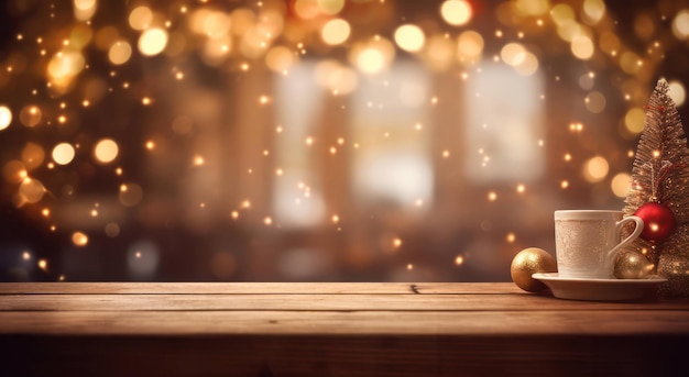Foto luces de mesa de fondo de madera de fondo de navidad bokeh