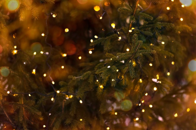 Luces de Navidad borrosas reflejos dorados brillantes enfoque selectivo Resumen antecedentes