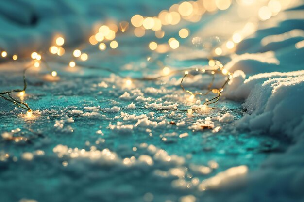 Foto luces de navidad brillantes en la nieve con efecto bokeh fondo de invierno