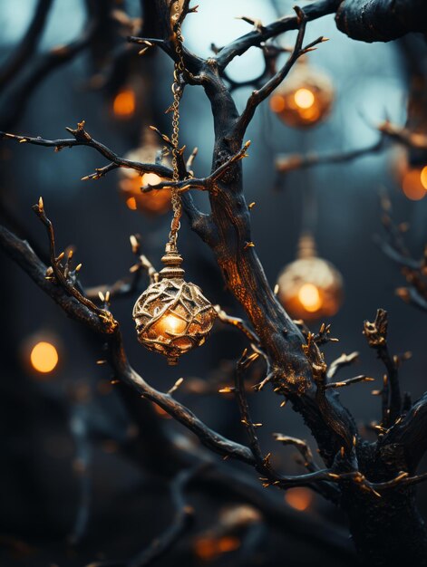 Foto luces de navidad colgando de un árbol en la oscuridad