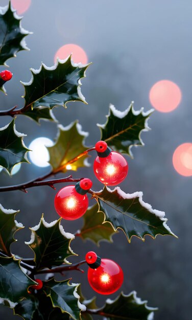 Luces de Navidad entrelazadas con ramas de acebo durante una noche de niebla