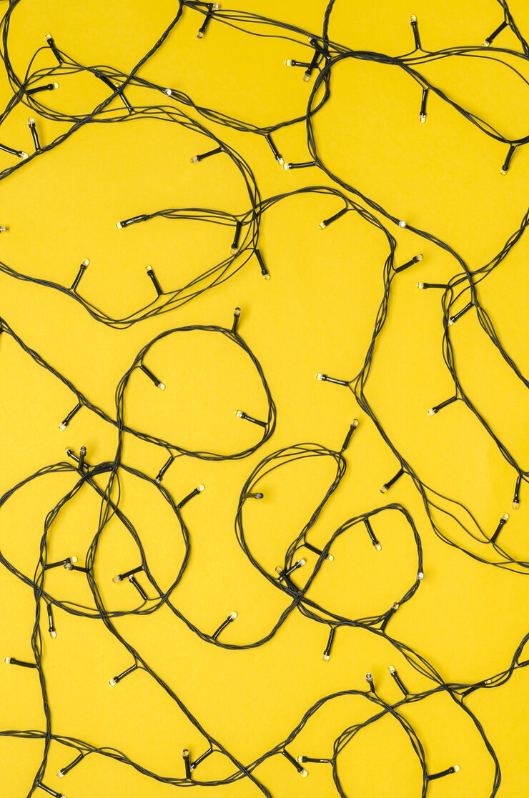 Foto luces de la navidad en un fondo amarillo brillante. fondo brillante para el diseño.