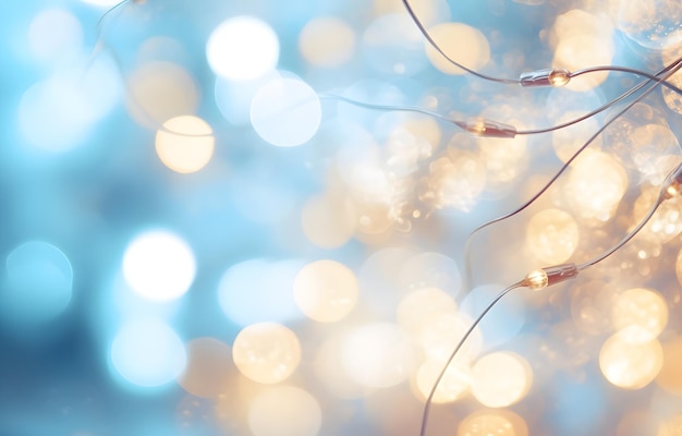 Luces de Navidad de fondo con una guirnalda dorada fuera de foco en la superficie azul Iluminación navideña
