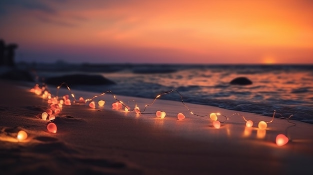 Luces de Navidad en una playa al atardecer Hermoso fondo natural Vacaciones conceptgenerative ai