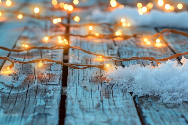 Luces de Navidad sobre la nieve sobre un fondo de madera