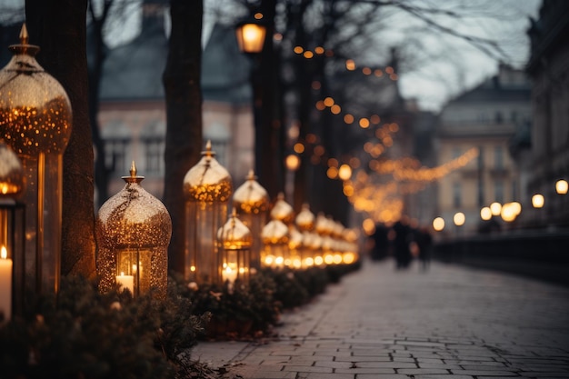 Luces navideñas doradas iluminando una calle de la ciudad