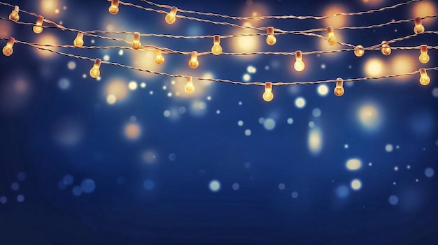 Luces navideñas en fondo de bokeh azul oscuro Guirnalda brillante