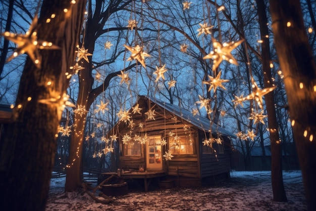 Luces navideñas en forma de estrella colgando de las ramas de los árboles creadas con IA generativa