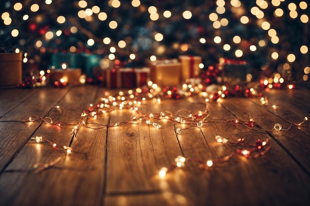 luces navideñas en una mesa de madera