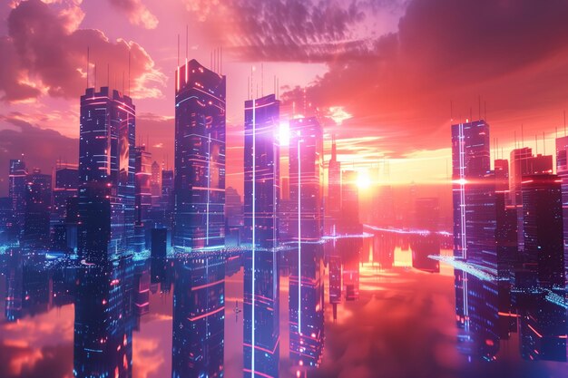 Luces de neón brillantes en un paisaje urbano futurista al atardecer Ilustración artística digital de una vibrante metrópolis de alta tecnología con rascacielos que se reflejan en el agua serena