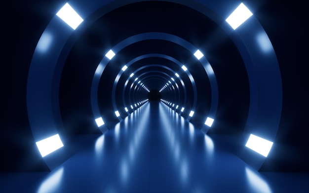 Luces de neón circulares y renderizado 3d de túnel