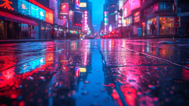 Las luces de neón de la ciudad abstractas que se reflejan en el pavimento mojado después de una tormenta de lluvia generan una ilustración de IA