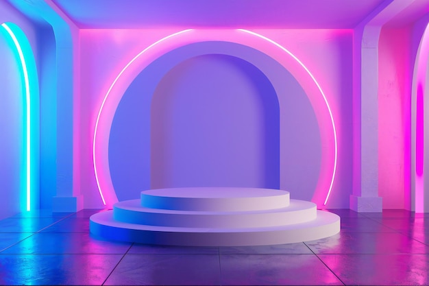 Luces de neón en un escenario moderno con colores vibrantes y configuración de iluminación creativa para actuaciones o eventos