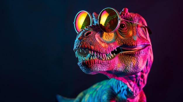 Luces de neón de estudio lujosas gafas domésticas de Tyrannosaurus Rex de fondo negro Generativo Ai