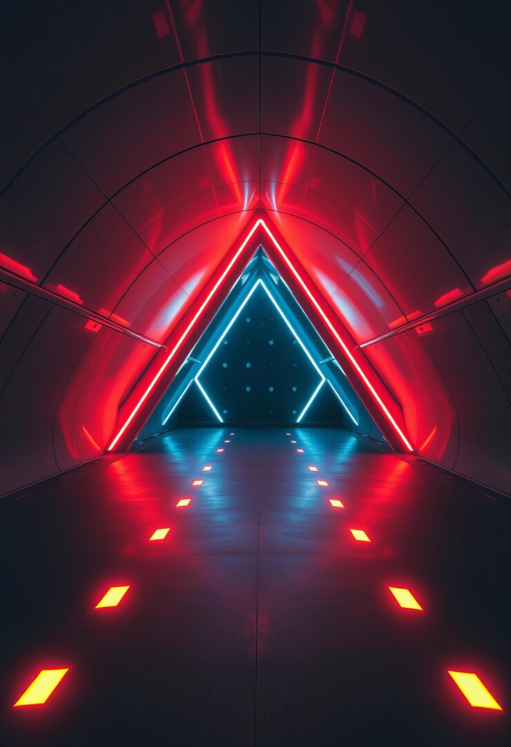 Las luces de neón en una forma de triángulo de túnel futurista brillando