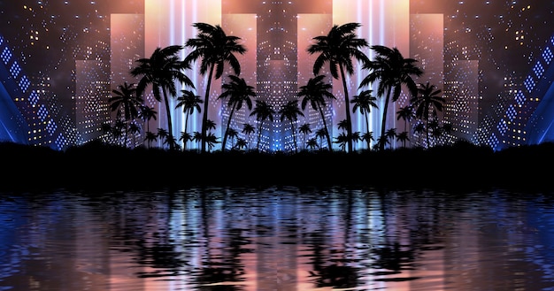 Luces de neón con palmeras y reflejo en el fondo del agua