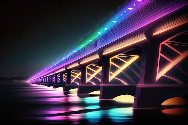 Luces de neón en el puente que se reflejan en el agua debajo