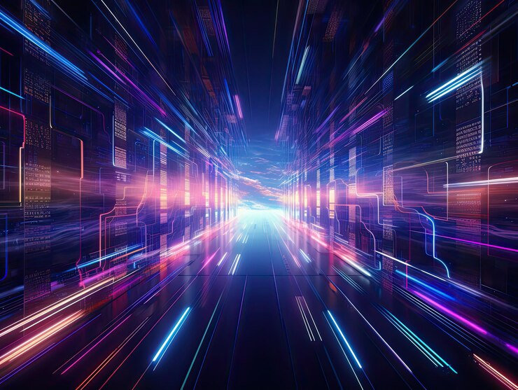 Luces de neón de la sala del centro de datos y vibraciones de ciencia ficción de desenfoque de velocidad