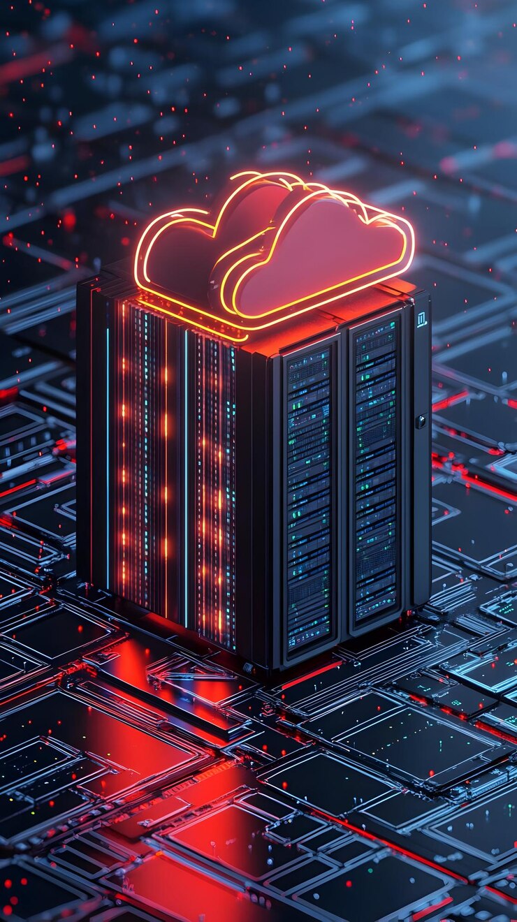 Foto las luces de neón del servidor de nube de renderización 3d