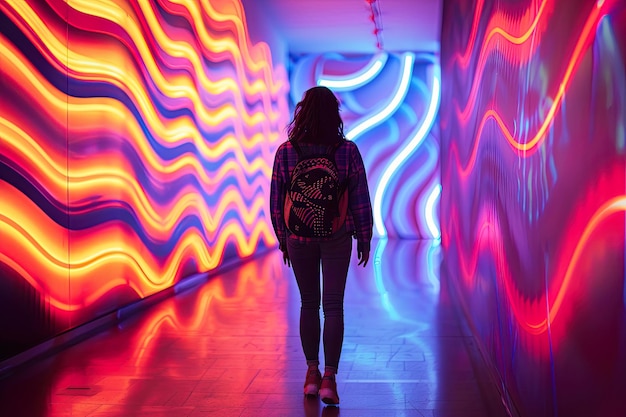 Las luces de neón vívidas que se reflejan en una superficie húmeda crean una estética cyberpunk futurista y vibrante