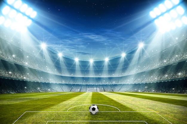 Luces por la noche y estadio de fútbol renderización 3D