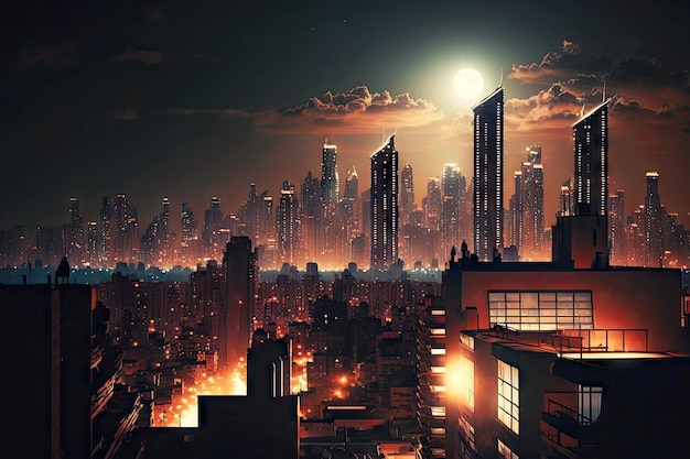 Luces nocturnas de la gran ciudad en el fondo y el espacio por encima de la vista de los tejados