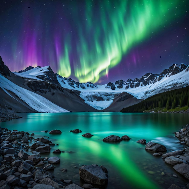 Foto las luces del norte bailando vibrantemente en verdes esmeraldas y púrpura cósmica