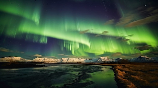 Las luces del norte de Islandia danzan en el cielo, un fenómeno natural creado con tecnología de IA generativa.